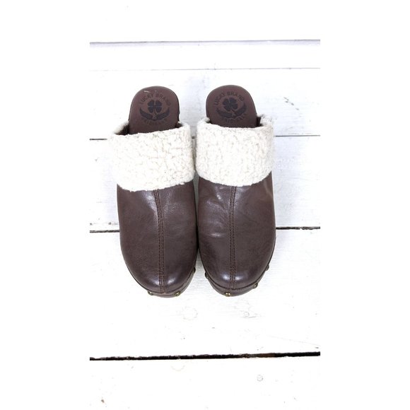 Brown leather Lucky Brand slip on mule clog faux sheepskin sandals - Picture 3 of 9